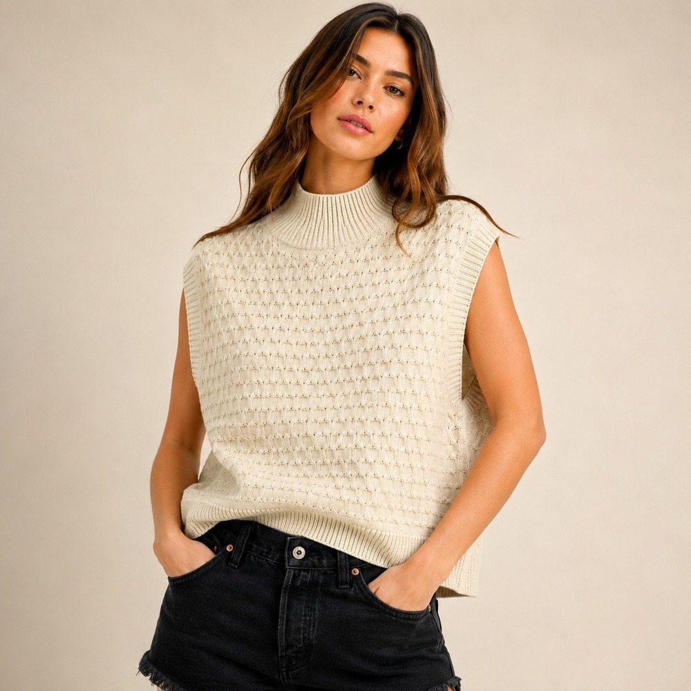 Free People Rosemary Sweater Vest XL Ivory Mock Neck Cotton Blend Sleeveless NWT